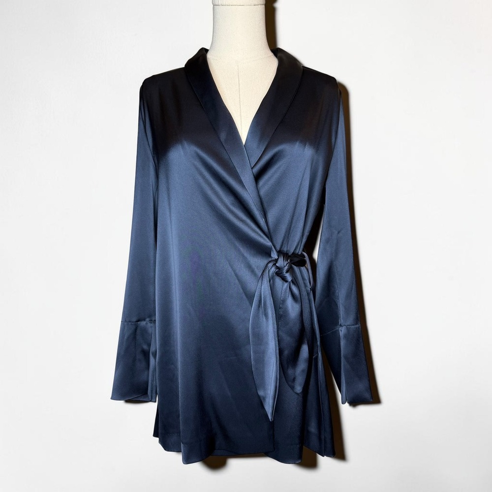Nanushka Opium‎ Wrap Satin Blazer Minimalist Quiet Luxury Navy Blue size Small
